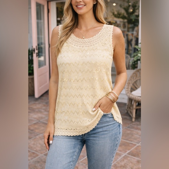 Women’s Cream Scalloped Eyelet Tank Top with Sequin Sparkles ✨ - Picture 2 of 6